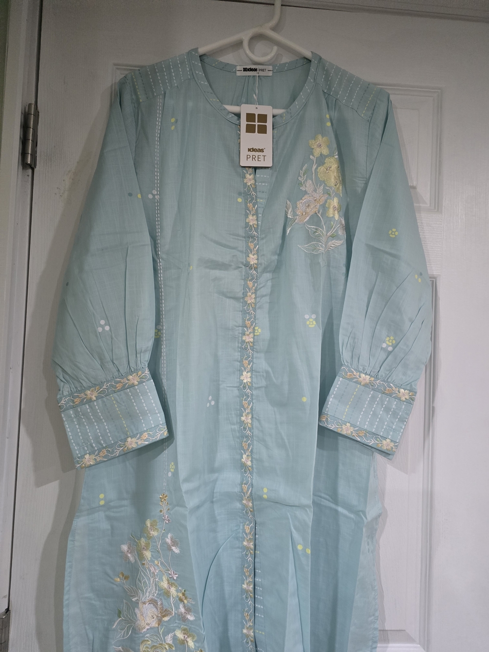Light Blue Embroidered Long Sleeve Dress by